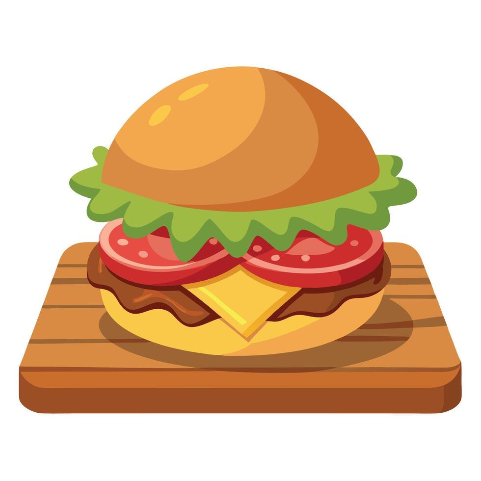 Close Up Of A Juicy Cheeseburger With Bacon And Pickles On A Wooden Cutting Board vector
