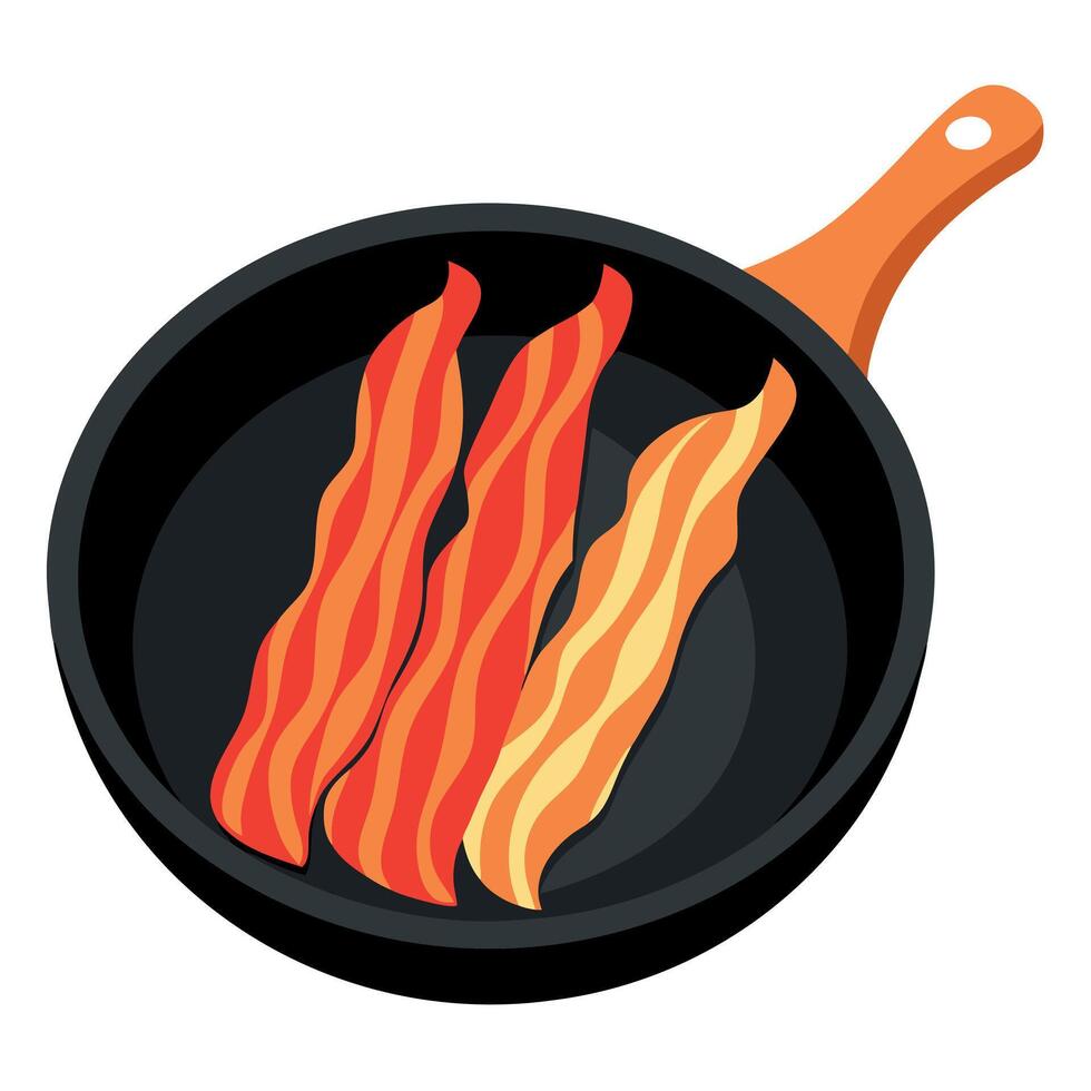 Crispy fried bacon strips on a black frying pan. vector