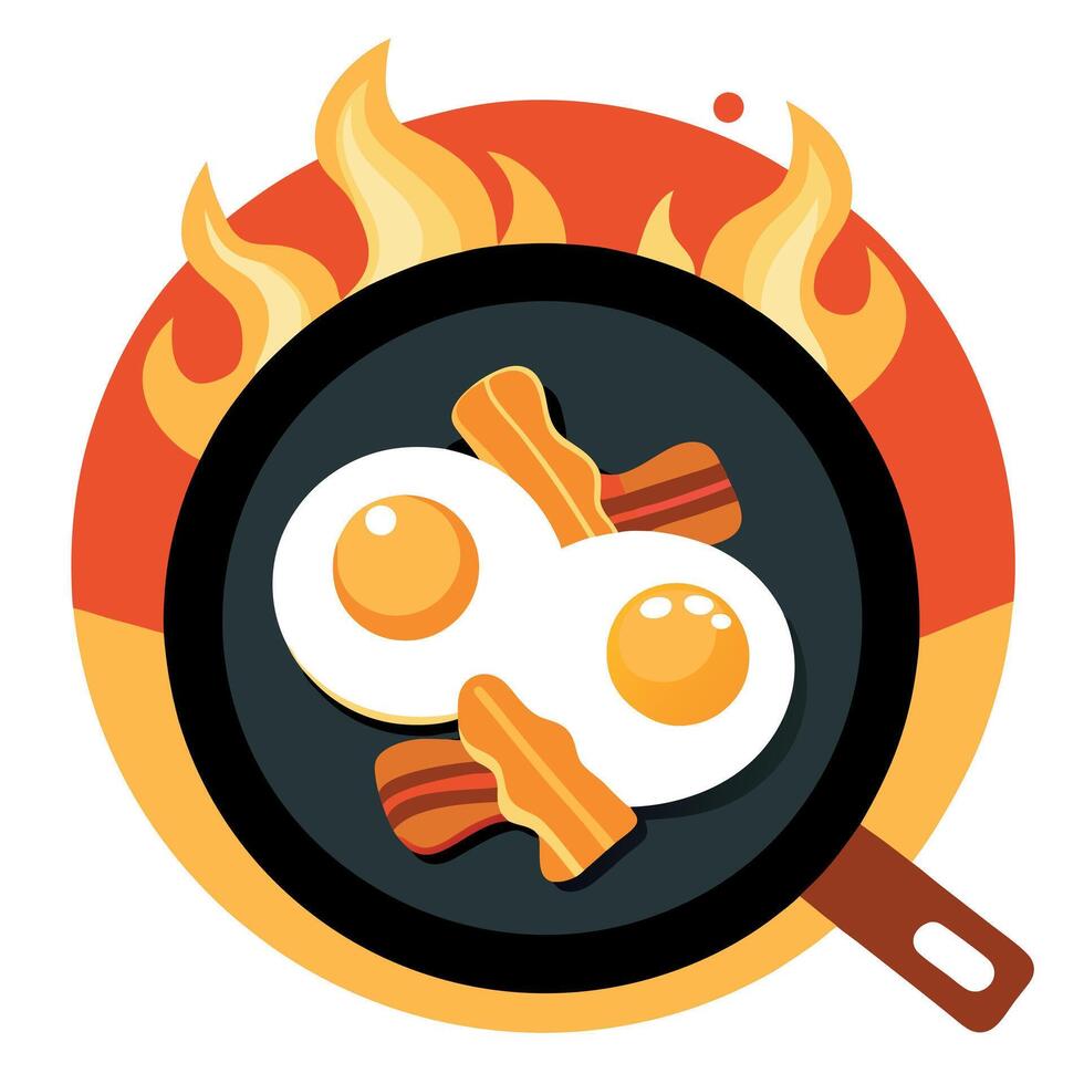 Cast Iron Pan With Sunny Side Up Eggs and Bacon Over Fire vector