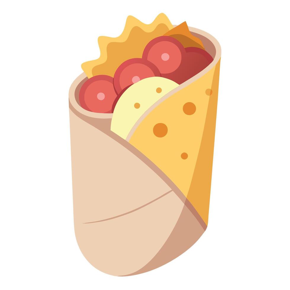 Breakfast burrito with scrambled eggs. cheese. and ham in a tortilla. vector