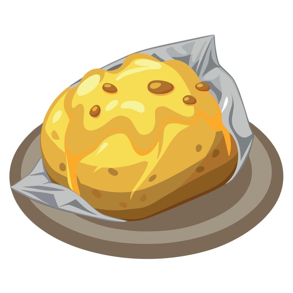 Baked potatoes with cheese and onions on foil vector