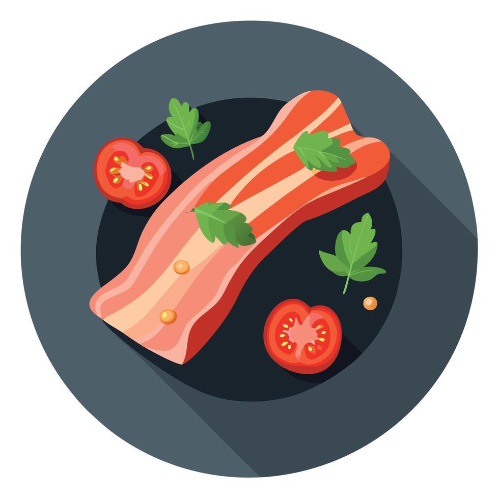 Cooked bacon on slate with tomatoes and herbs vector