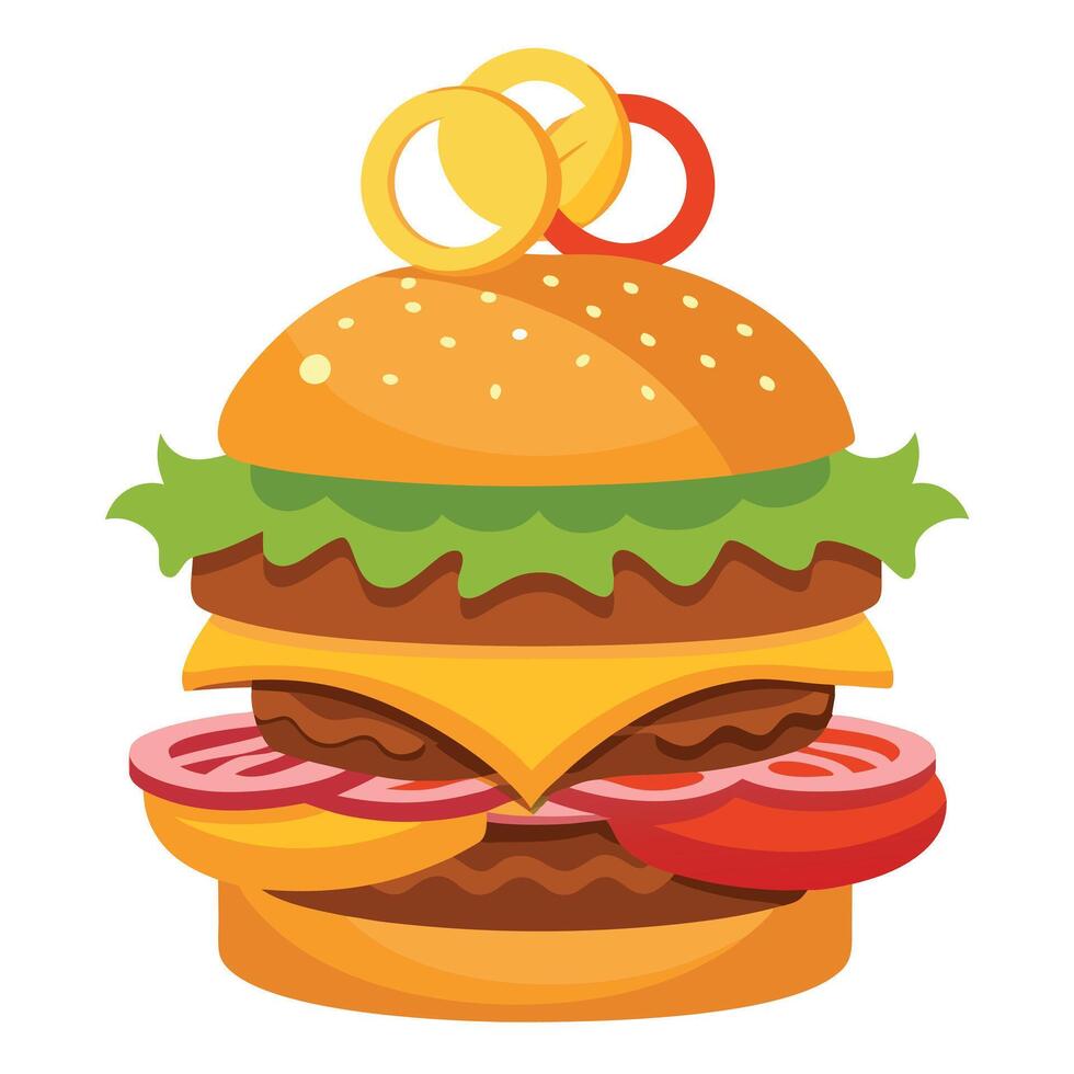 Juicy Double Cheeseburger with Bacon and Onion Rings vector