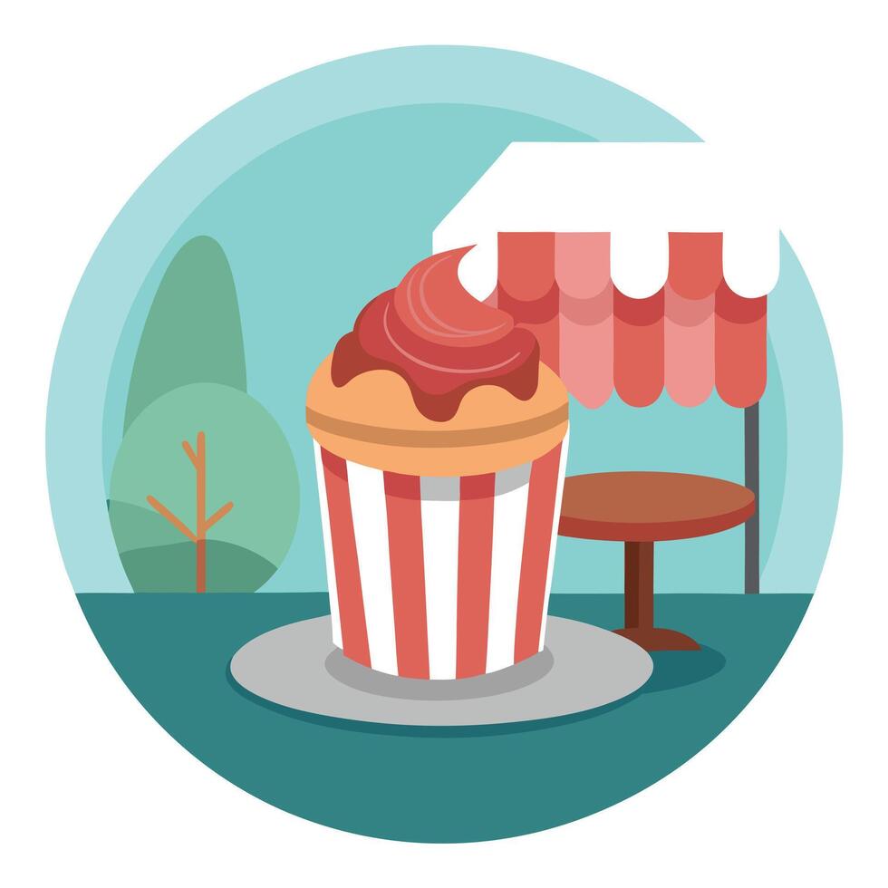Cupcake with bacon on an open table in a street cafe vector