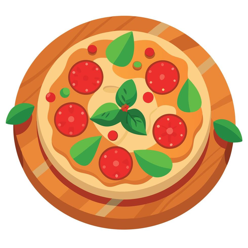 A pizza with meat and basil on a wooden board vector