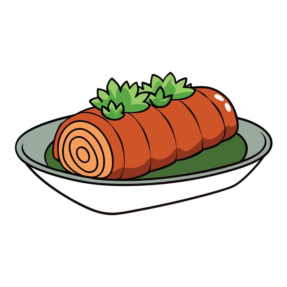 A roll of meat with green leaves on top vector