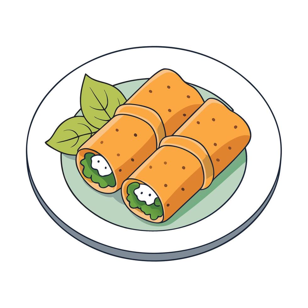 A plate with two rolls of food on it vector