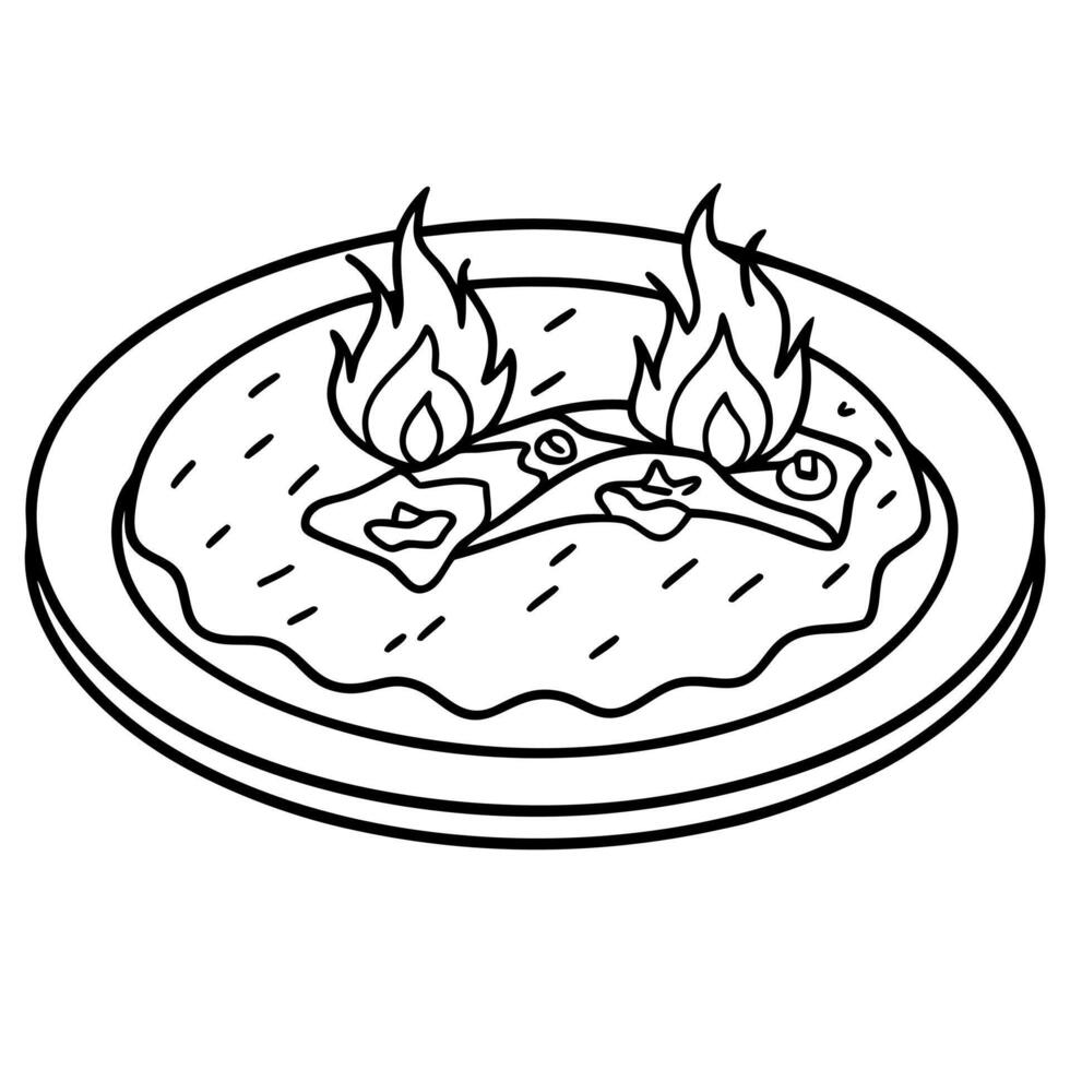 Pizza with fire coloring page vector