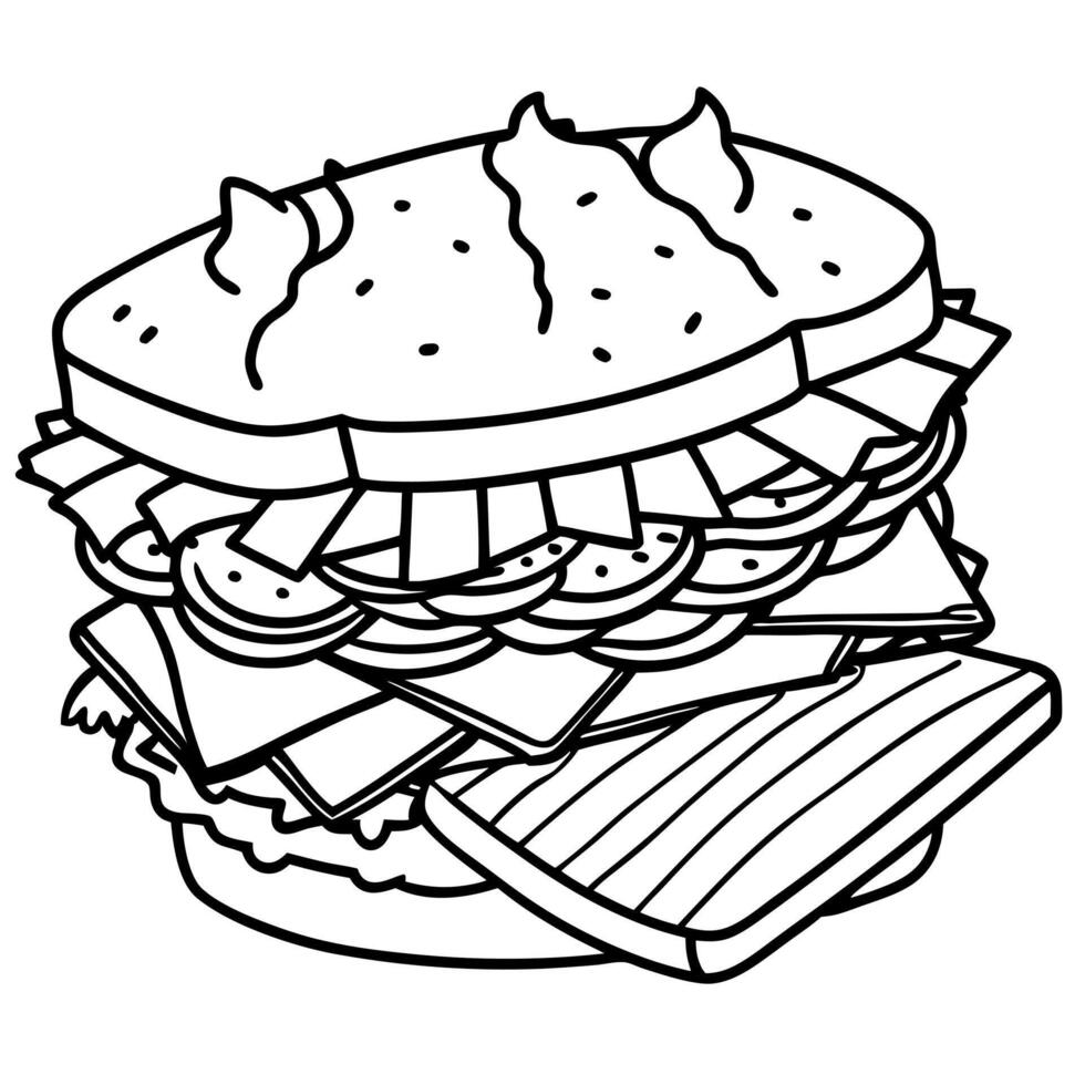 A sandwich with cheese and meat coloring page vector