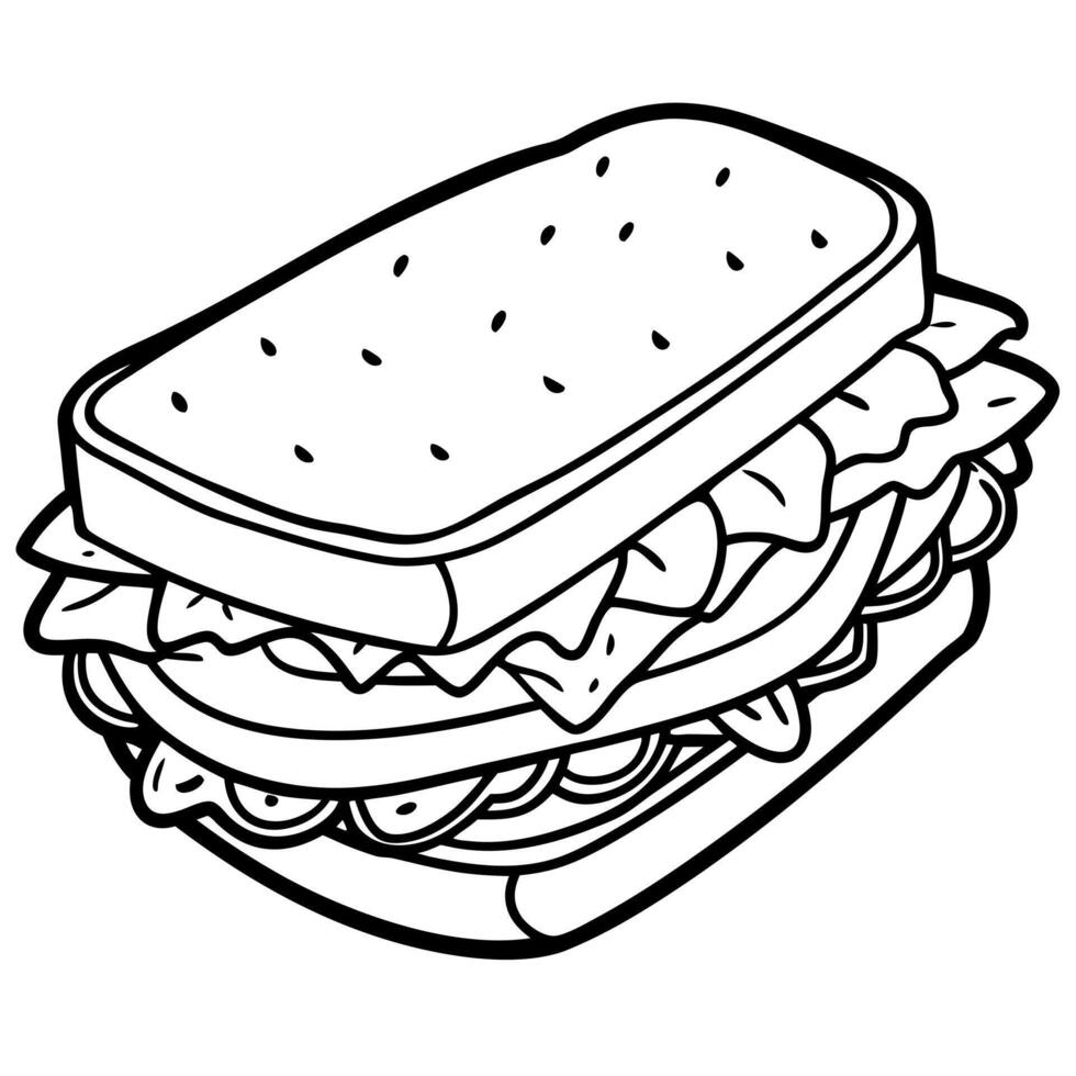 A sandwich is outlined in black and white vector
