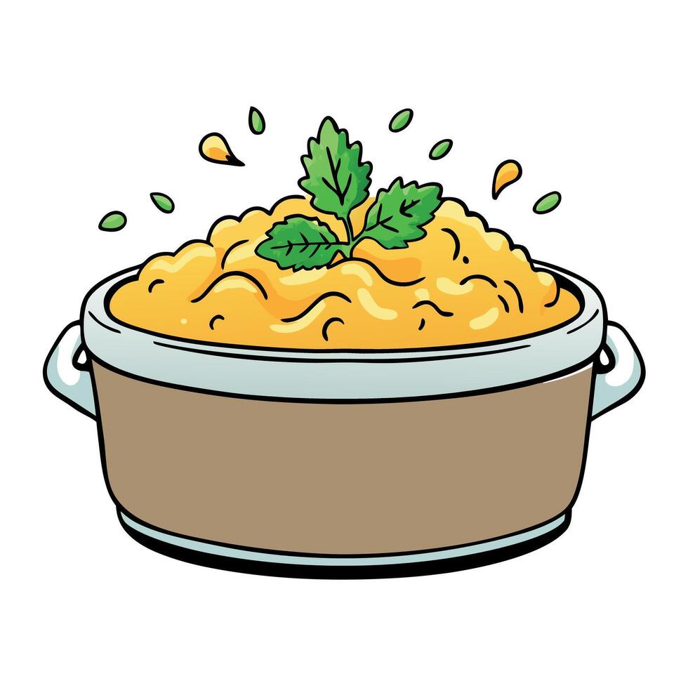 A bowl of mashed potatoes with a green leaf on top vector