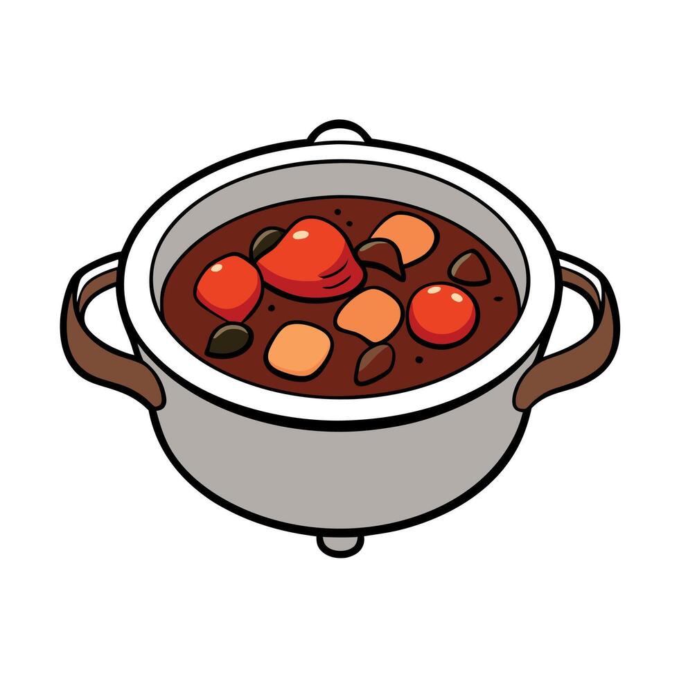 A pot of stew with vegetables and meat in it vector
