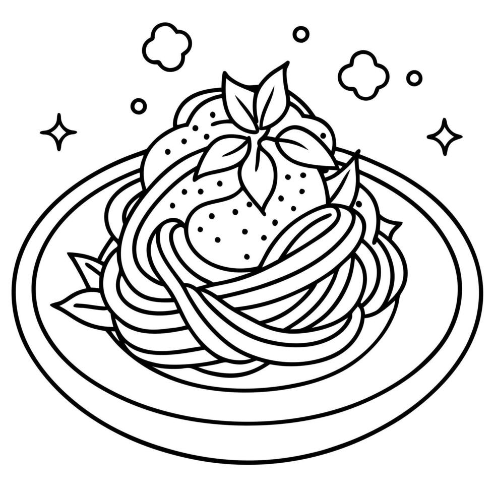 Spaghetti with sauce and leaves on a plate coloring page vector