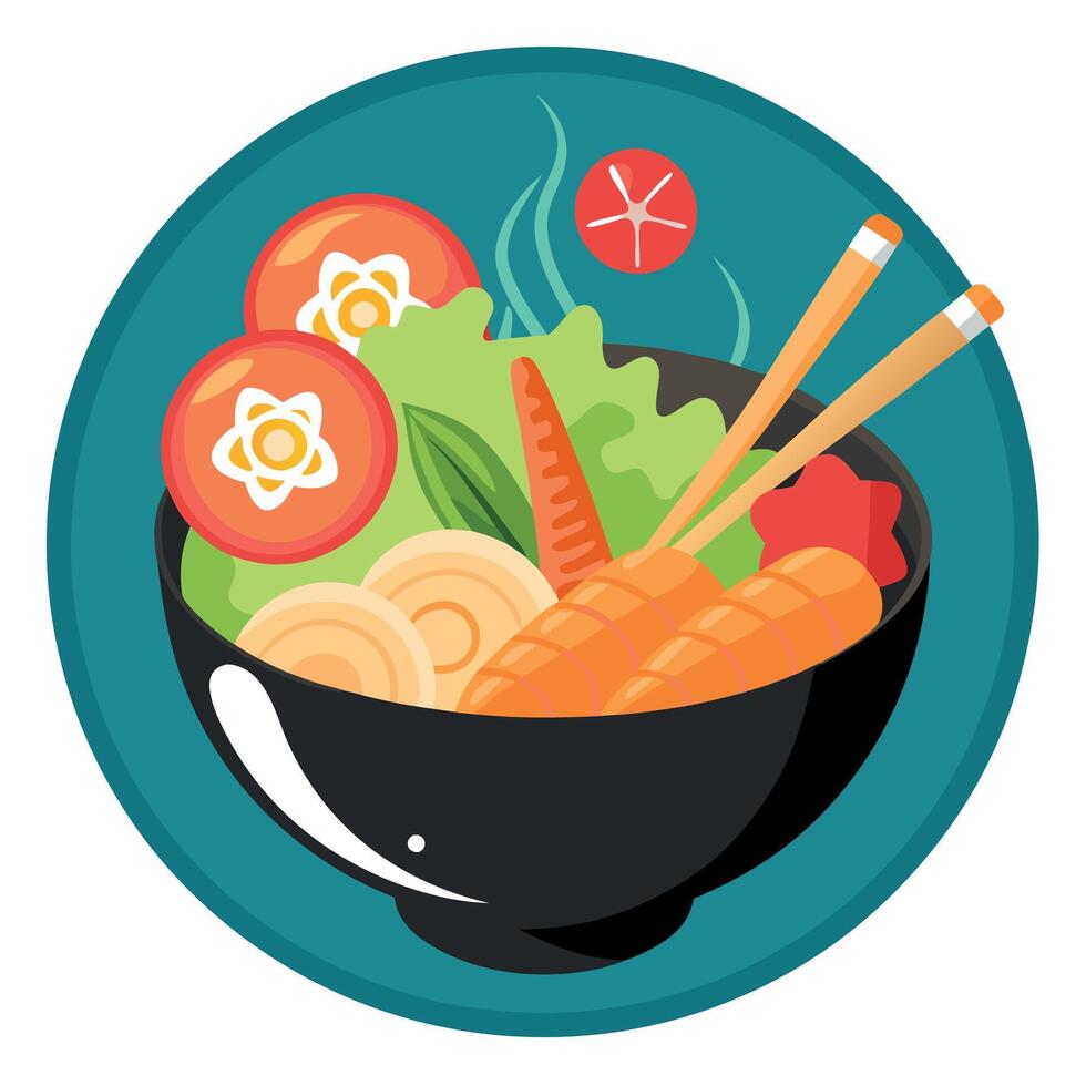 A bowl of food with chopsticks and carrots vector