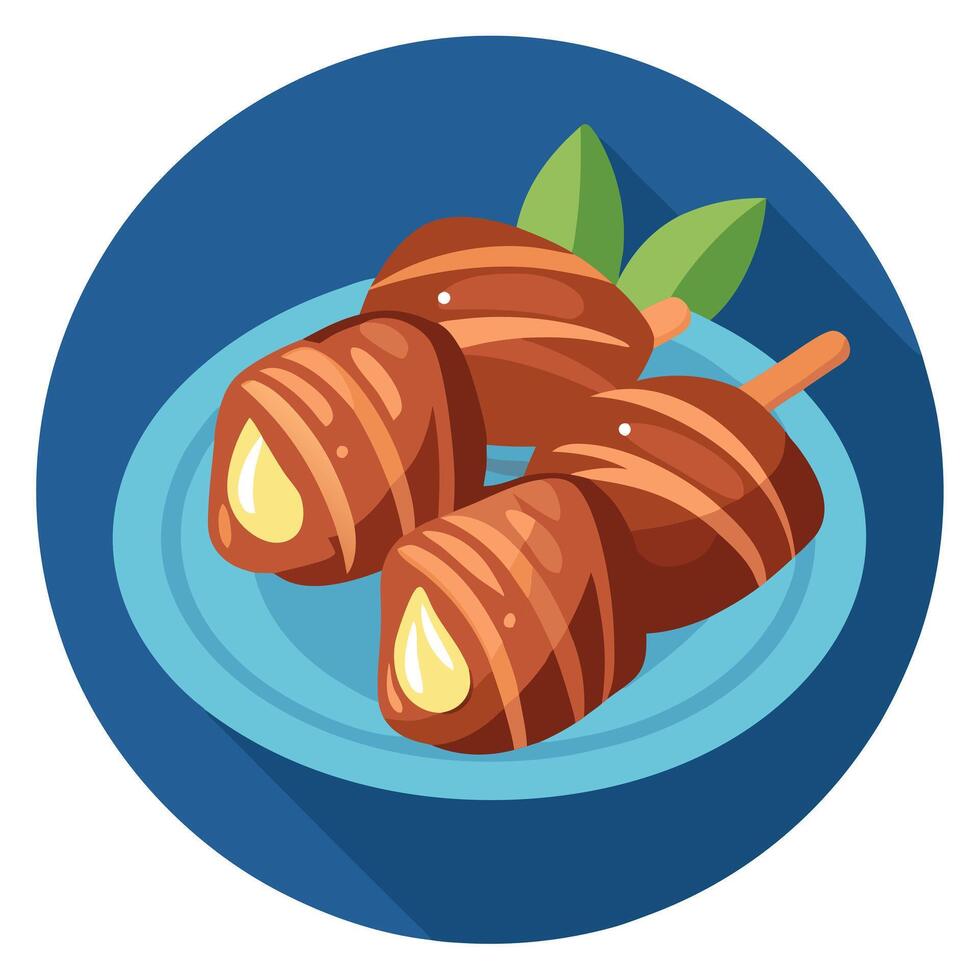 Bacon wrapped dates with almonds. food photography. vector