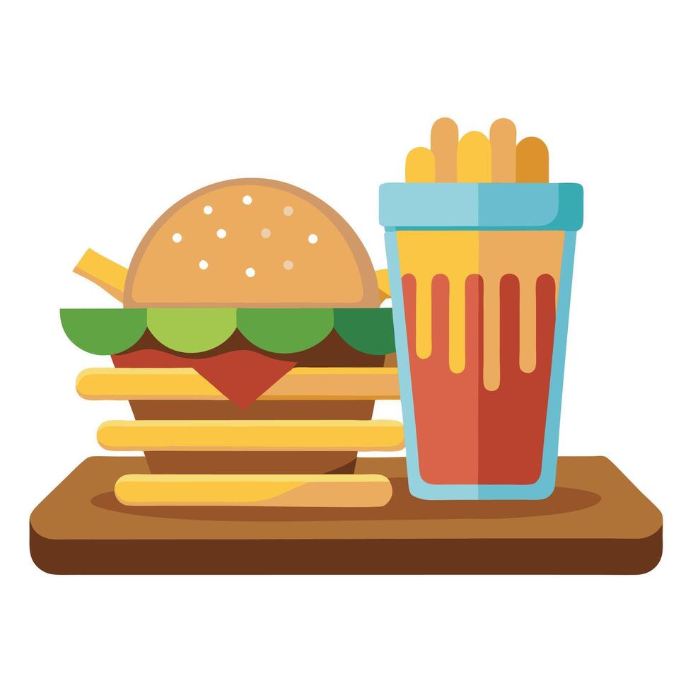 A burger and fries are on a wooden table next to a glass of beer vector