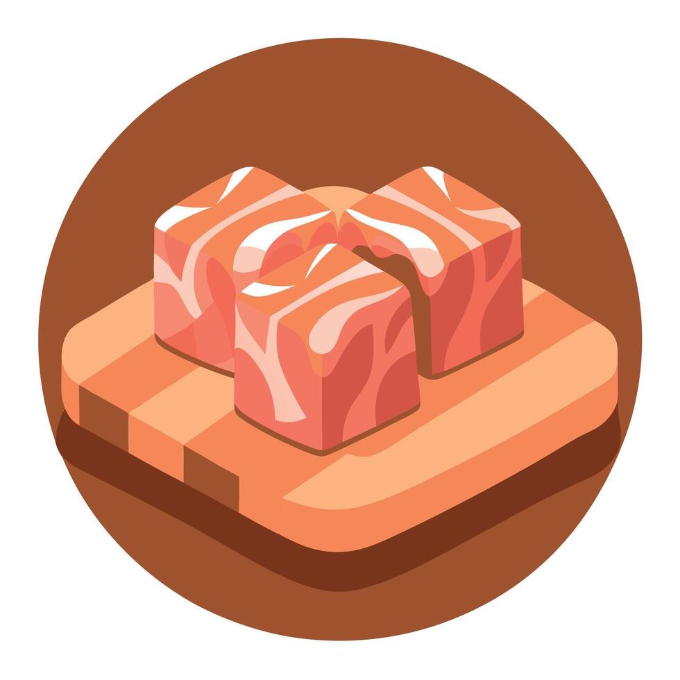 Closeup of cubes of bacon on a rustic wooden board. Raw. vector