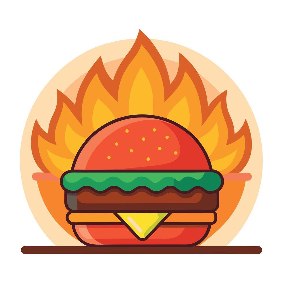Juicy burger with crispy fries on flaming grill backdrop vector