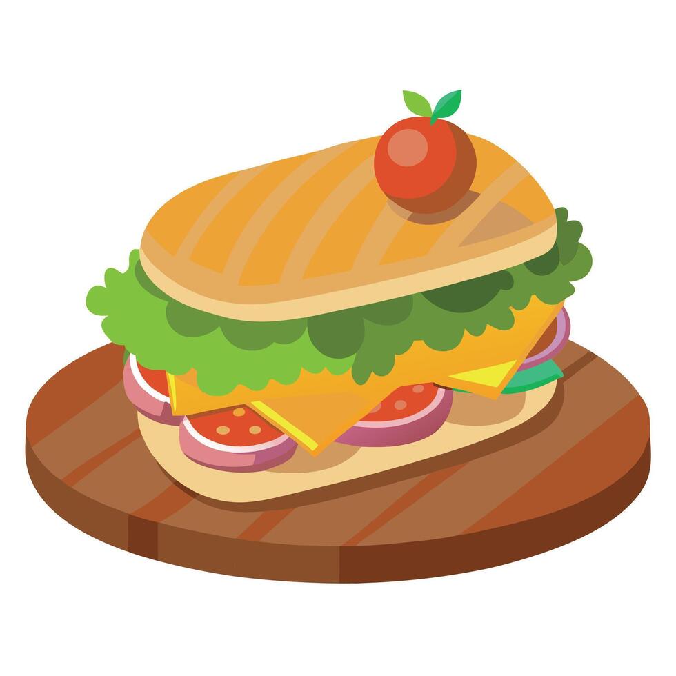 Gourmet steak sandwich with sides on rustic table vector