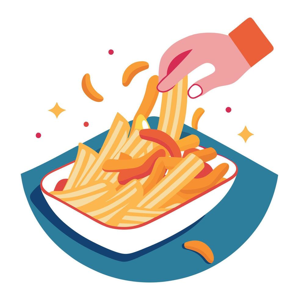 A hand pulls bacon into cheese loaded French fries vector