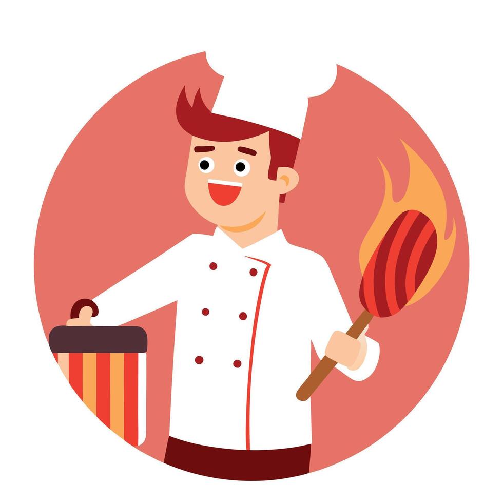 Chef grilling seasoned steak wrapped in bacon vector
