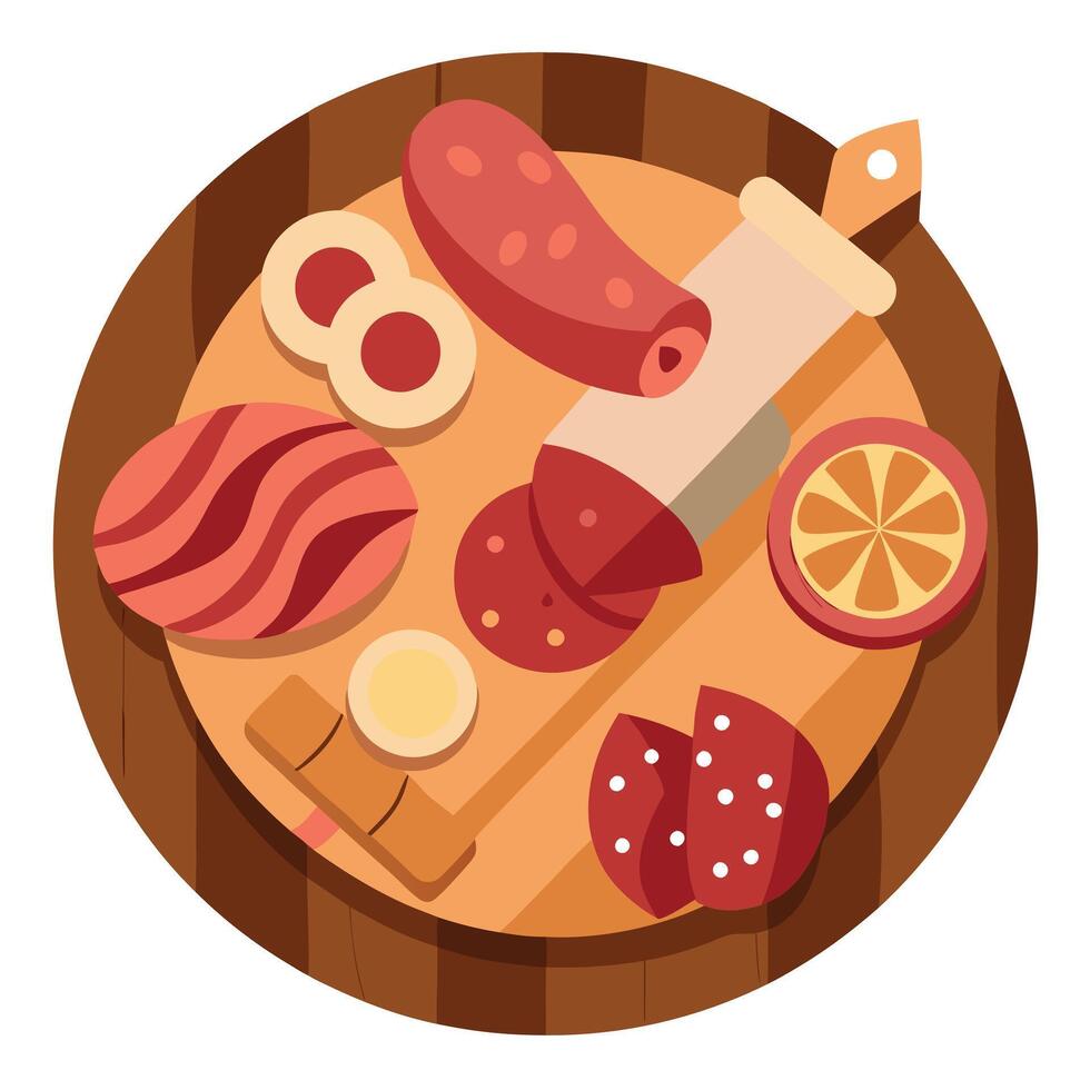 A wooden board with different types of cured meats vector