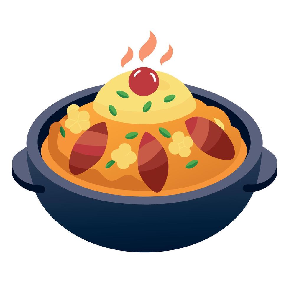 A dish with food and a fire in it vector