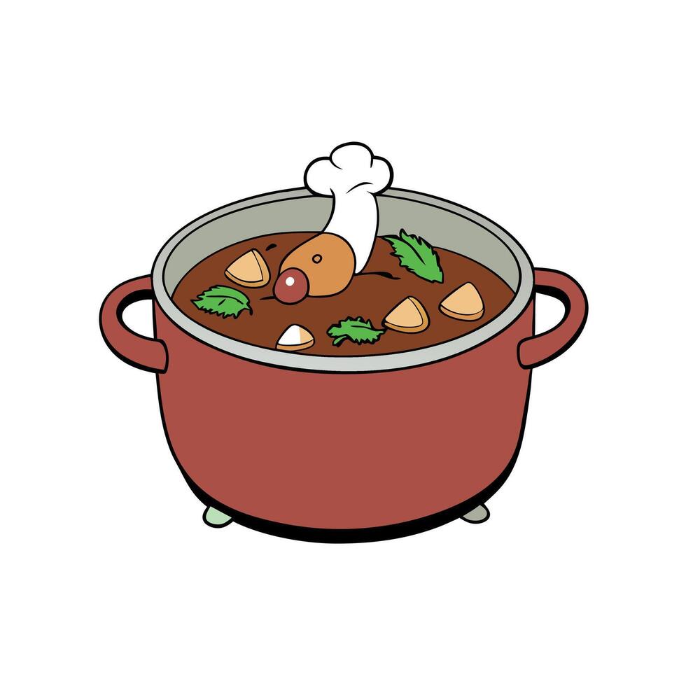 A pot of stew with vegetables and meat vector