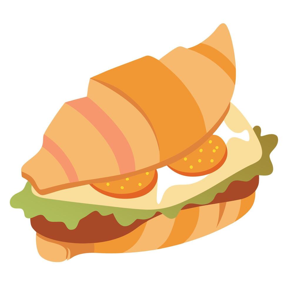 Flaky croissant sandwich with bacon and eggs vector
