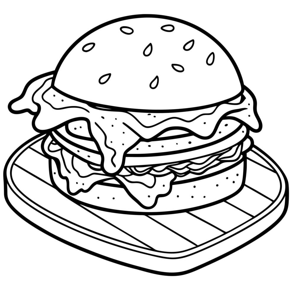 Close-up of delicious cheeseburger with crispy bacon and melted cheese on wooden board vector