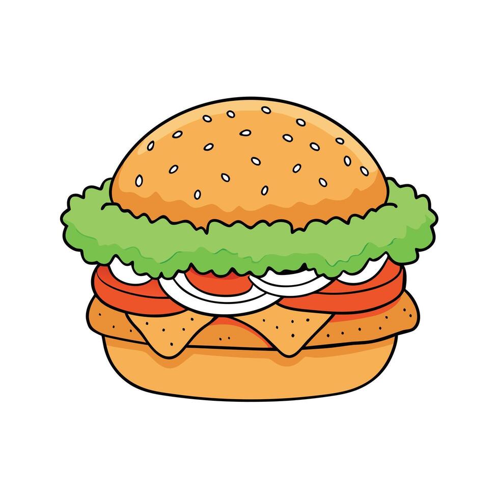 Crispy fried chicken burger with pickles. mozzarella sauce. coleslaw. and tomato slices vector