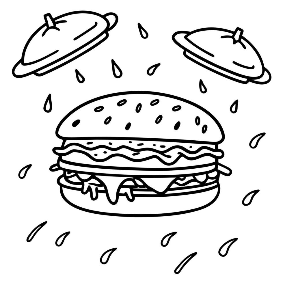 Delicious beef burger falling from the sky with more burgers surrounding it. It's raining hamburgers vector