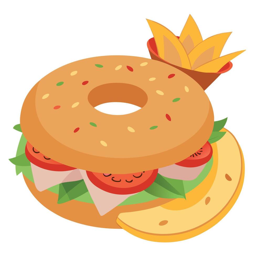 Bagel sandwich with chicken. bacon. lettuce. tomato paired chips vector