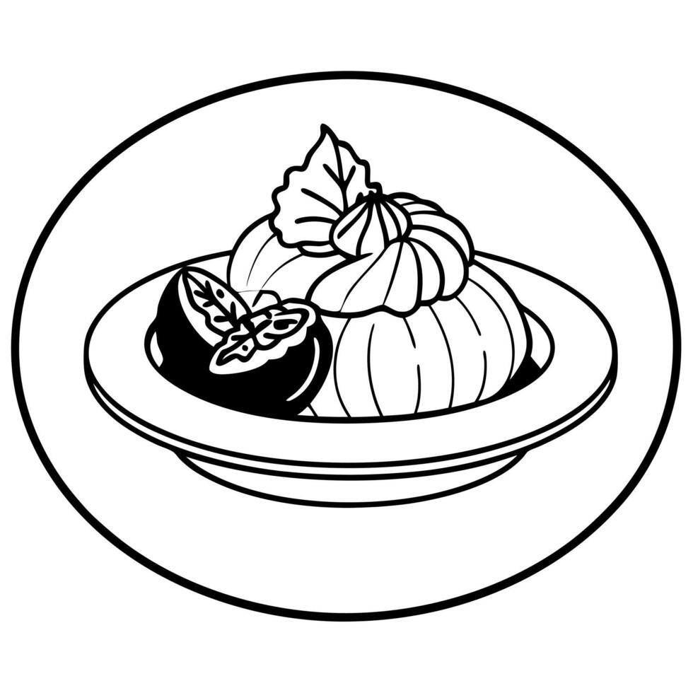 Isolated black plate with meat and pumpkin mousse isolated pastel background Copy space vector