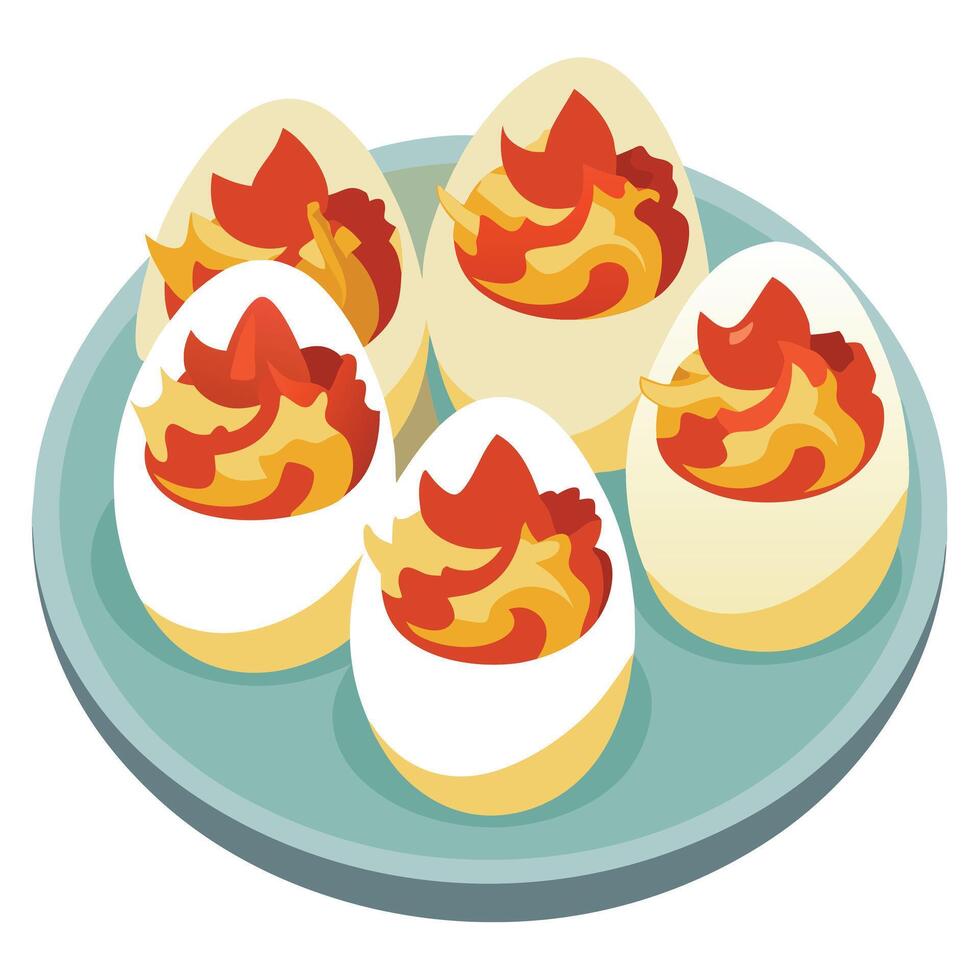 Platter of deviled eggs topped with crumbled bacon and paprika. vector