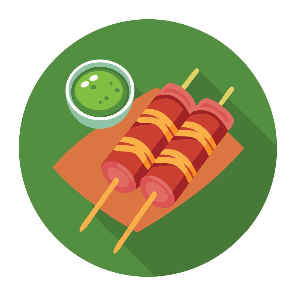 Bacon wrapped beef skewers served with a spicy chimichurri sauce vector