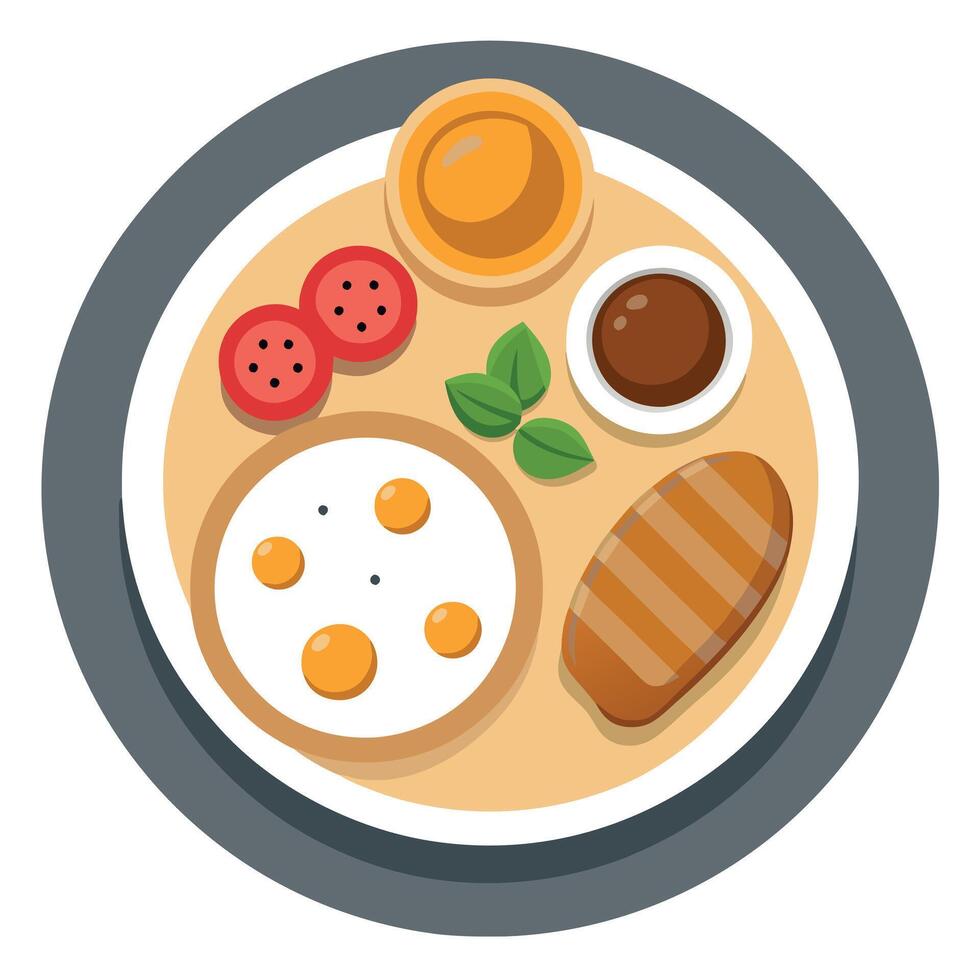 Full american breakfast isolated on white. top view. copy space. vector