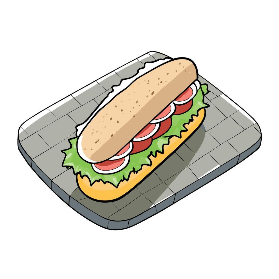 Ciabatta sandwich with prosciutto mozzarella romaine salad on stone background top view vector