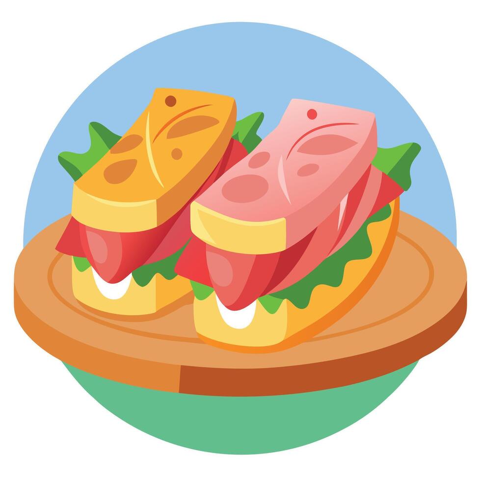 Delicious sandwiches with prosciutto and cheese served on table. vector