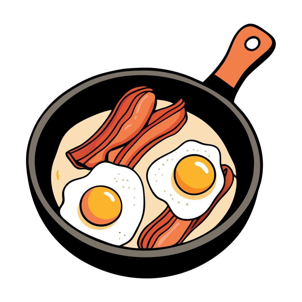 Eggs and bacon cooked in a cast iron skillet. Perfect for a hearty breakfast or brunch. vector