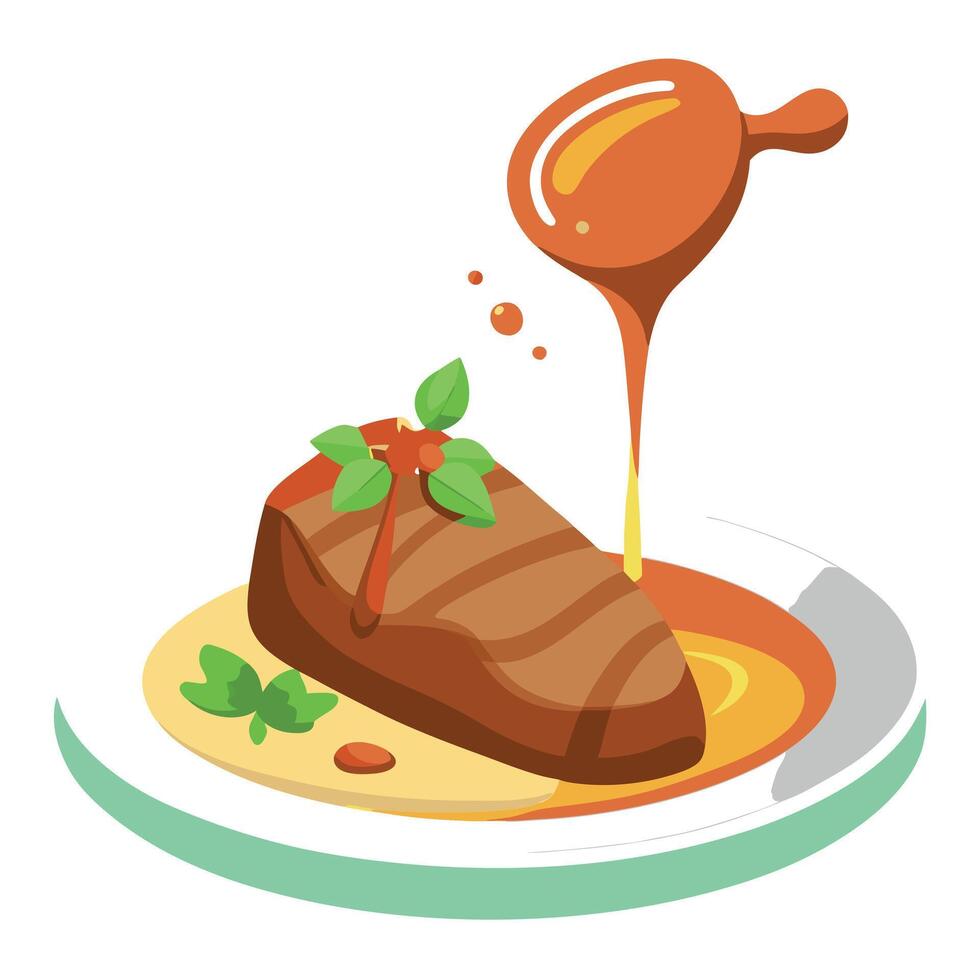 A juicy steak being drizzled with savory sauce on a white plate. vector