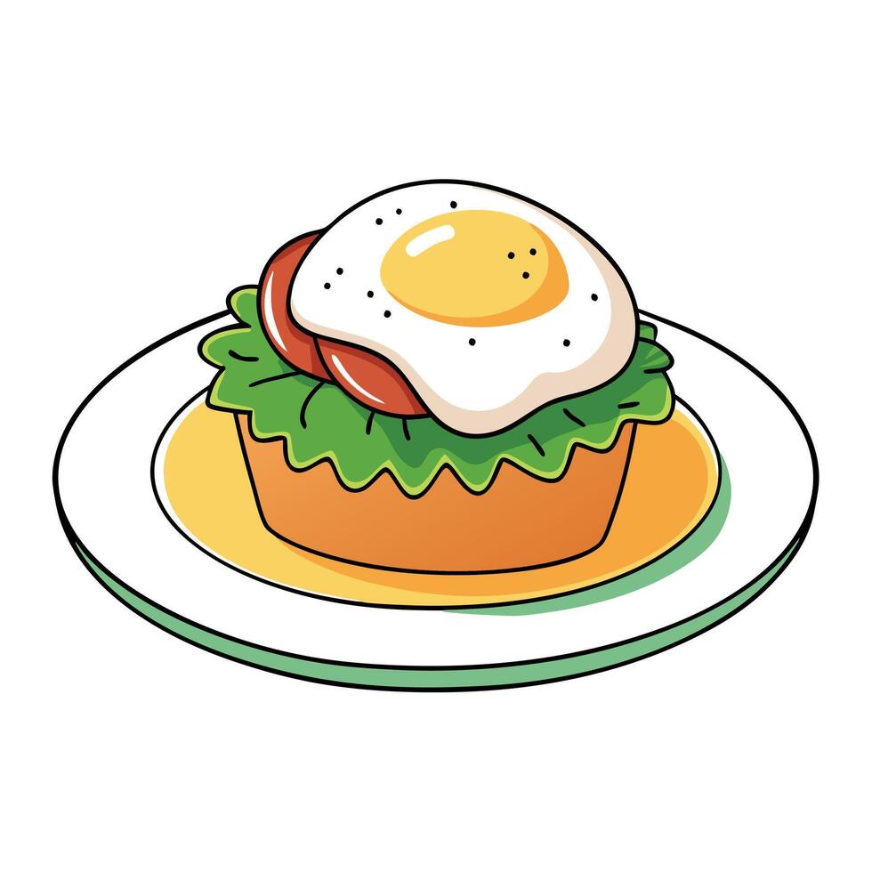 A freshly cooked egg muffin on a white plate. the muffin topped with a perfectly cooked sunny-side-u vector