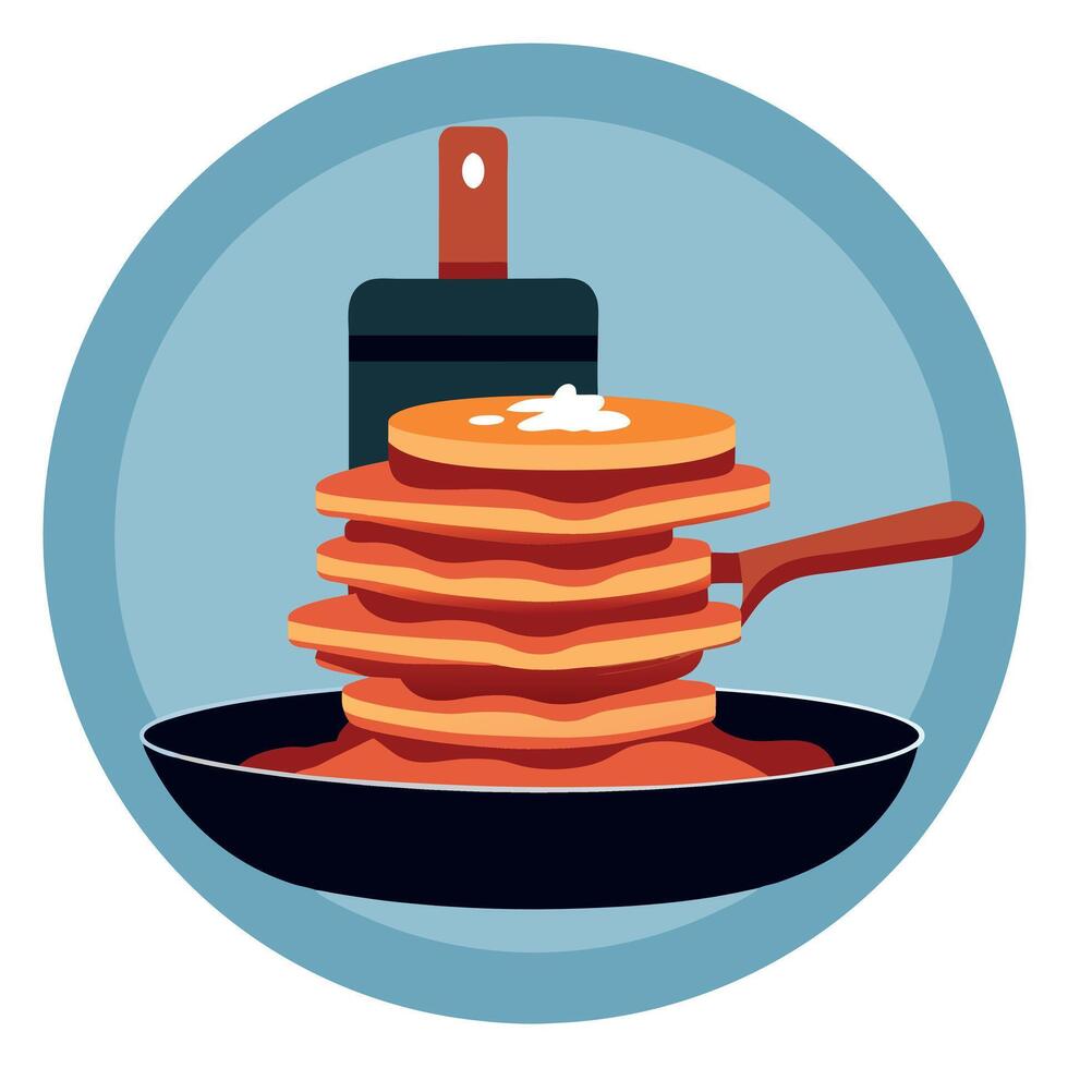 A stack of bacon atop a counter. beside a frying pan and spatula vector
