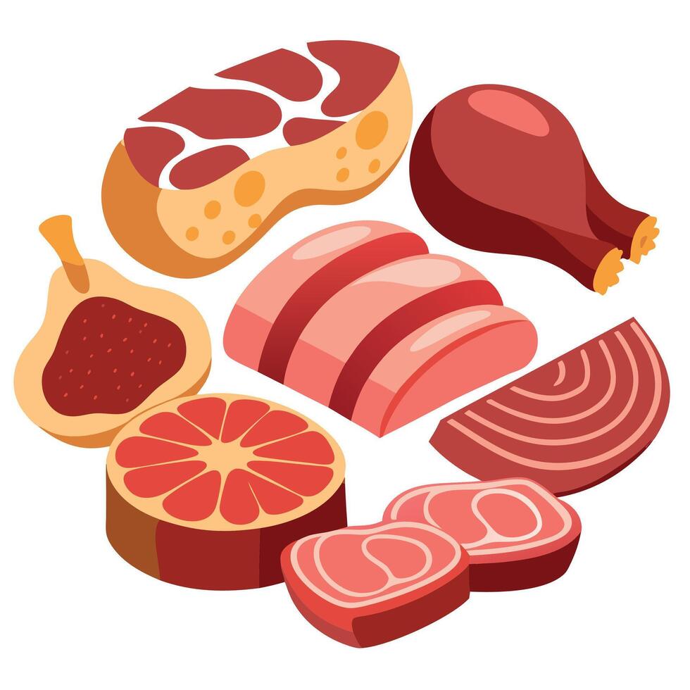 Assorted Raw Meat on White Background vector