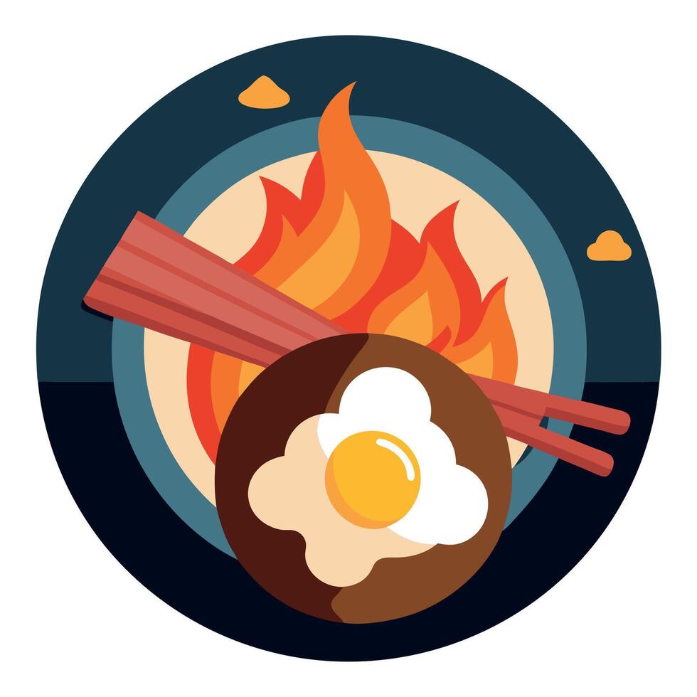 Bacon. eggs breakfast on an open fire vector