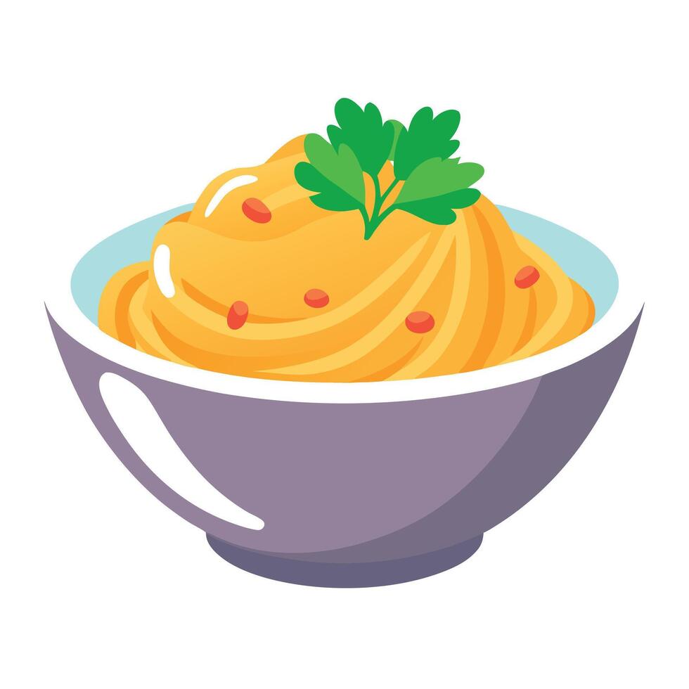 A bowl of pasta with a garnish of parsley vector