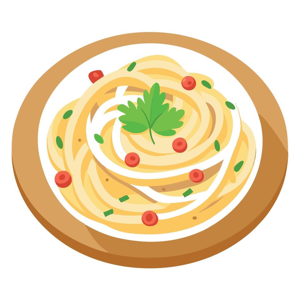 Creamy carbonara pasta dish garnished with fresh parsley vector