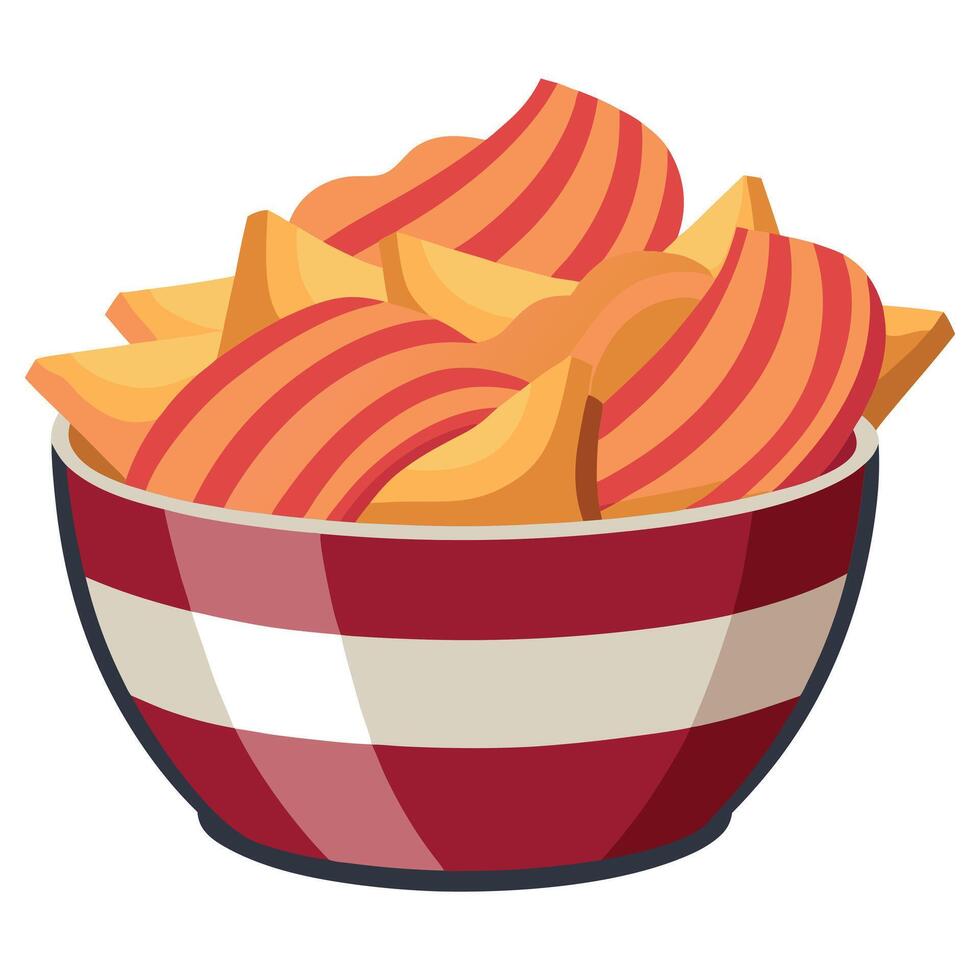 Bacon-like potato chips on table. in bowl. vector