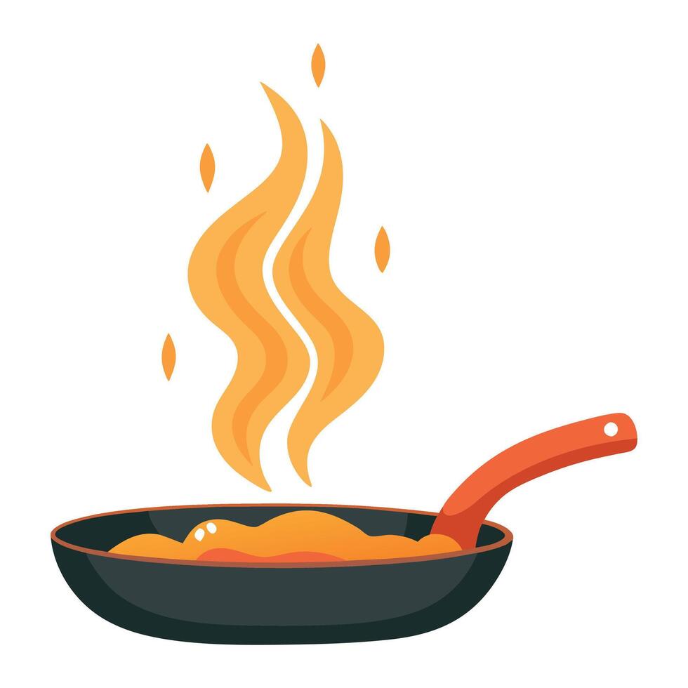 Fatty. crispy. golden fried bacon in the frying pan. steamy. vector