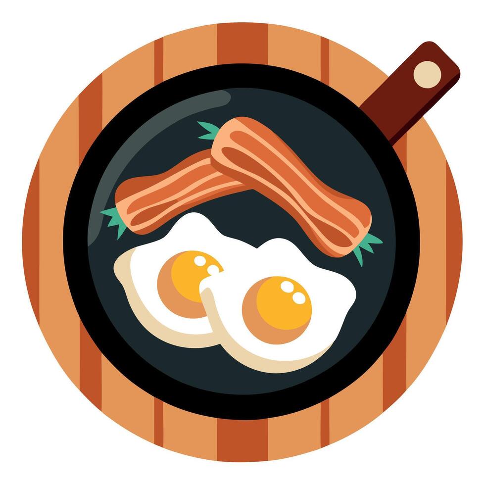 Eggs and bacon cooked in a cast iron pan in a rustic setting vector